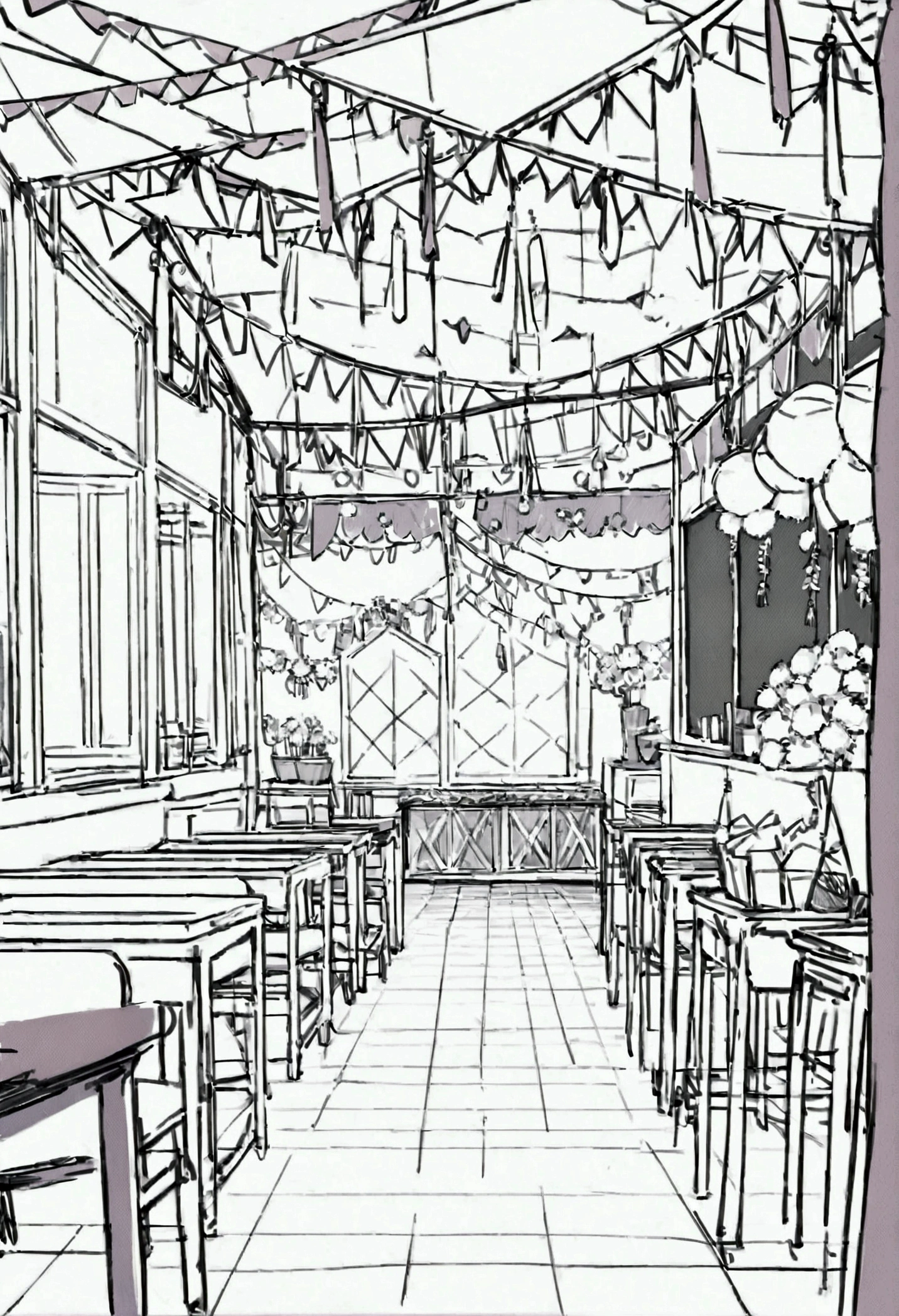 Create a line art illustration of an empty classroom interior,doesn't have any other furniture except windows and chalkboard at the center festively decorated with DIY, affordable materials. The room features paper flowers, tassel garlands, banners, candlesticks, sparkling garlands, bandana banners, DIY bunting, a paper chain backdrop, and tissue paper pom-poms. The chalkboard is decorated with cheerful drawings and framed with garlands. Emphasize the handcrafted, simple yet beautiful decorations, ensuring the room is filled with festive details. No people should be present, decorations everywhere,No desk and chairs and the image should be in line art,sketch without color,Flower Festival, lots of banners and garlands of the ceiling.