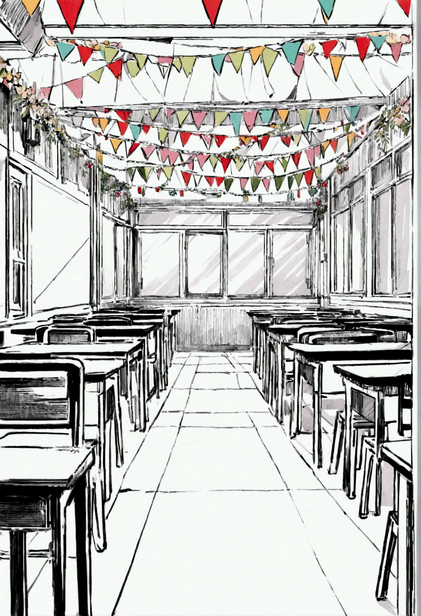 Create a line art illustration of an empty classroom interior,doesn't have any other furniture except windows and chalkboard at the center festively decorated with DIY, affordable materials. The room features paper flowers, tassel garlands, banners, candlesticks, sparkling garlands, bandana banners, DIY bunting, a paper chain backdrop, and tissue paper pom-poms. The chalkboard is decorated with cheerful drawings and framed with garlands. Emphasize the handcrafted, simple yet beautiful decorations, ensuring the room is filled with festive details. No people should be present, decorations everywhere,No desk and chairs and the image should be in line art,sketch without color,Flower Festival, lots of banners and garlands of the ceiling.