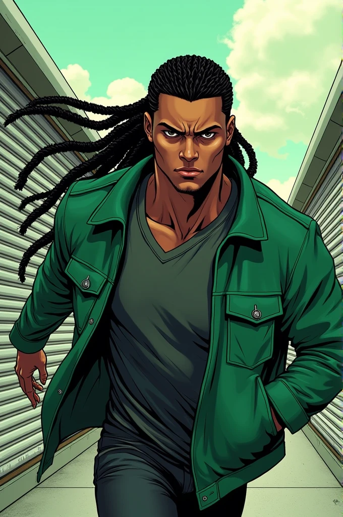 manga character, man, peau noir, long braided hair, green jacket , roller fance