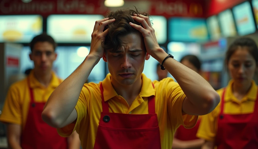 A scene with McDonald&#39;s attendants working in red and yellow uniforms, a young man standing in the center highlighted, exhausted,  I can&#39;t stand working anymore, sold off, with both hands pulling the hair, in despair, sobbing, semi realistic, cinematic. They are all working rats