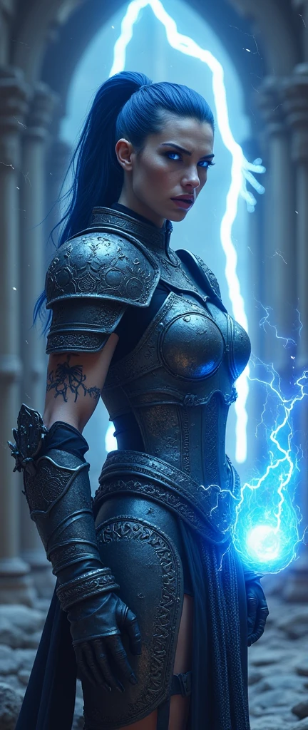 Aletta Ocean, angry evil beautiful and muscular, Nordic female, towering storm Giantess with blue black hair in a ponytail, older and mature woman, throwing a lightning ball, celtic glowing tattoos, wearing nordic steel runic plate mail Armour , temple cave background with lightning storm, glowing blue eyes, square jaw, powerful and imposing, winter clothing, pale blue purple skin, ((full plate celtic dragon armour)), nordic tattoos, fit bodybuilder, facing the camera , ultra detailed