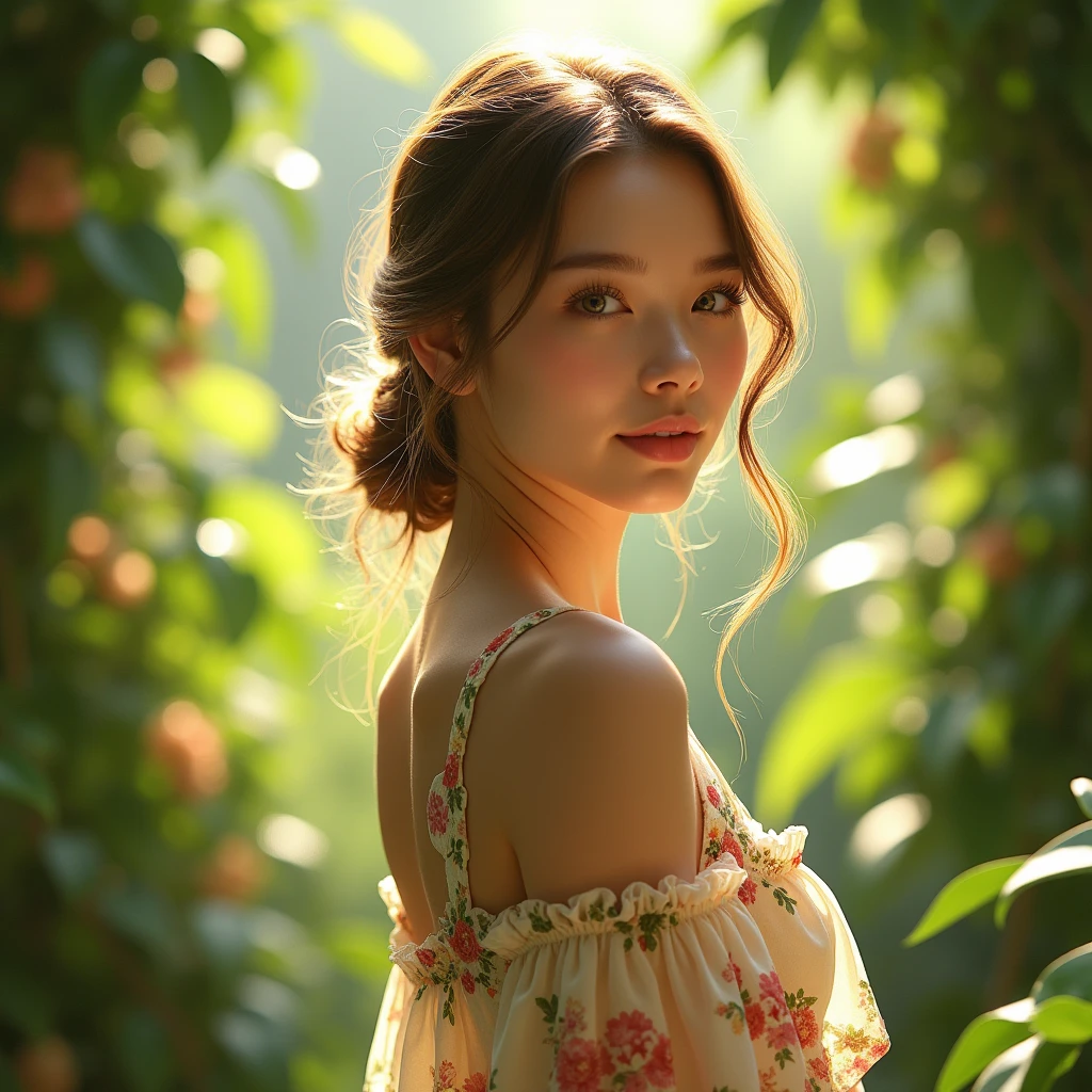 a young woman in a summer dress, beautiful detailed eyes, beautiful detailed lips, extremely detailed eyes and face, long eyelashes, graceful pose, sunlight filtering through leaves, lush green foliage, detailed natural environment, serene atmosphere, soft pastel colors, natural lighting, (best quality,4k,8k,highres,masterpiece:1.2),ultra-detailed,(realistic,photorealistic,photo-realistic:1.37),delicate skin, elegant fashion, intricate floral patterns, vibrant colors, cinematic composition, warm summer day, calming ambience