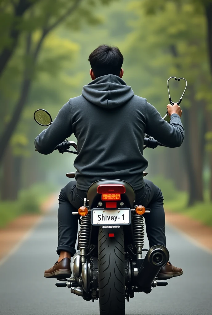 A 30 years Indian man is riding royal Enfield bike, his back side should be displayed. Shivay-1 is written on Bike plate. He wears style hoodie, he holds stethoscope on right hand. Trees are surrounded on the road.