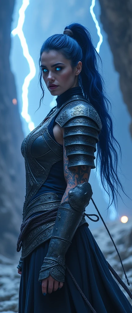Aletta Ocean, angry evil beautiful and muscular, Nordic female, towering storm Giantess with blue black hair in a ponytail, older and mature woman, throwing a lightning ball, celtic glowing tattoos, wearing nordic steel runic plate mail Armour , temple cave background with lightning storm, glowing blue eyes, square jaw, powerful and imposing, winter clothing, pale blue purple skin, ((full plate celtic dragon armour)), nordic tattoos, fit bodybuilder, facing the camera , ultra detailed