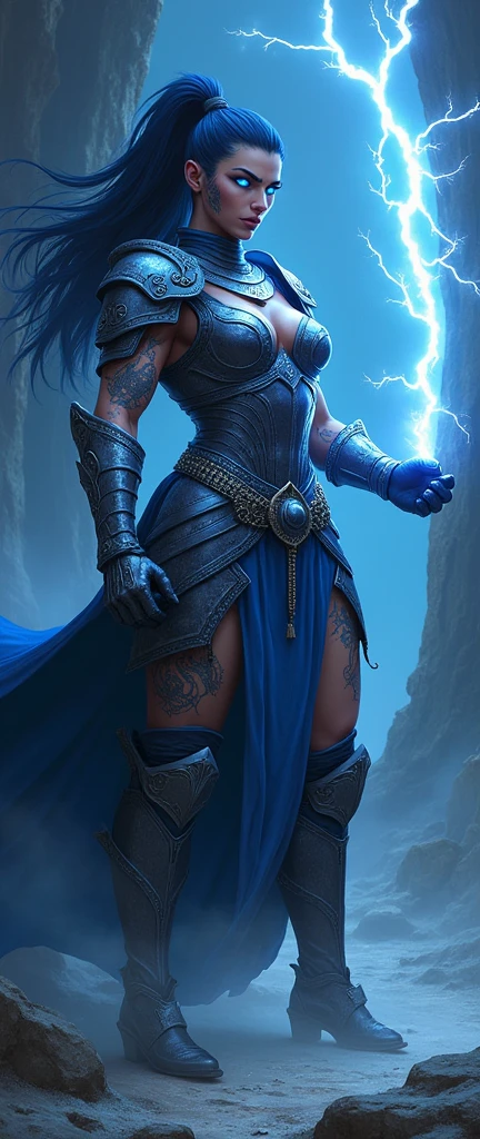 Aletta Ocean, angry evil beautiful and muscular, Nordic female, towering storm Giantess with blue black hair in a ponytail, older and mature woman, throwing a lightning ball, celtic glowing tattoos, wearing nordic steel runic plate mail Armour , temple cave background with lightning storm, glowing blue eyes, square jaw, powerful and imposing, winter clothing, pale blue purple skin, ((full plate celtic dragon armour)), nordic tattoos, fit bodybuilder, facing the camera , ultra detailed