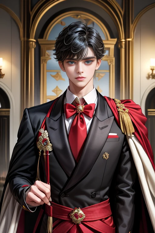 masterpiece, 最high quality, high quality, 1 boy, alone, Male focus, Upper Body,Watching the audience, Messy black hair, Adorable big blue eyes, White, Noble, Noble,A black and red cape that is bursting with sexy volume、Tuxedo、A very voluminous, large, very large, very large, long, long red and black cape with a high stand-up collar, made of a lot of fabric that reaches down to the floor., ,cute beautiful,Cute, cute, kind, handsome guy