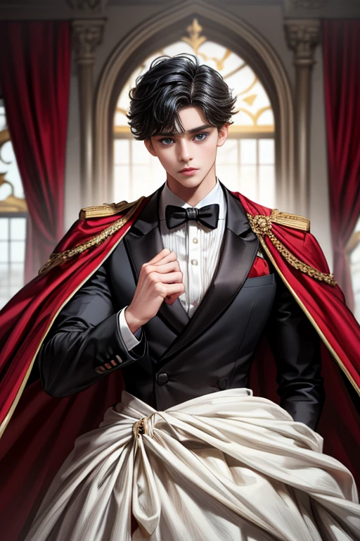 masterpiece, 最high quality, high quality, 1 boy, alone, Male focus, Upper Body,Watching the audience, Messy black hair, Adorable big blue eyes, White, Noble, Noble,A black and red cape that is bursting with sexy volume、Tuxedo、A very voluminous, large, very large, very large, long, long red and black cape with a high stand-up collar, made of a lot of fabric that reaches down to the floor., ,cute beautiful,Cute, cute, kind, handsome guy