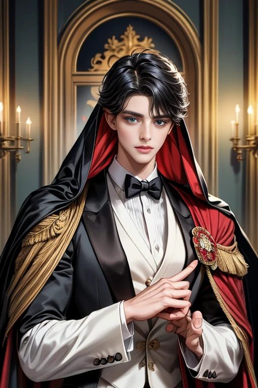 masterpiece, 最high quality, high quality, 1 boy, alone, Male focus, Upper Body,Watching the audience, Messy black hair, Adorable big blue eyes, White, Noble, Noble,A black and red cape that is bursting with sexy volume、Tuxedo、A very voluminous, large, very large, very large, long, long red and black cape with a high stand-up collar, made of a lot of fabric that reaches down to the floor., ,cute beautiful,Cute, cute, kind, handsome guy