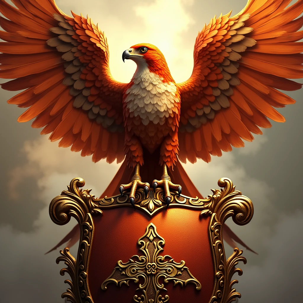 Image: A falcon perched on a shield or crest, representing strength and protection.
Color Palette: Vibrant colors like orange, red, and yellow with a touch of gold