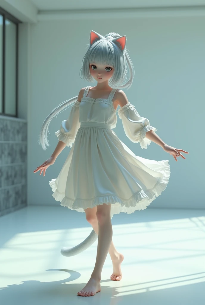 A beautiful silver-haired Japanese woman、Long hair tied back in a ponytail。She has cat ears、She is wearing a skirt and light, cool clothing.。Barefoot、Imitating the way a cat walks、In the background is a large dance studio.。Her nails are a little long、With pink manicure、The composition is from the front and the whole body is the subject。It features realistic textures and high-resolution expression through 3D rendering.。The overall image has a cool feel and attention to detail.。