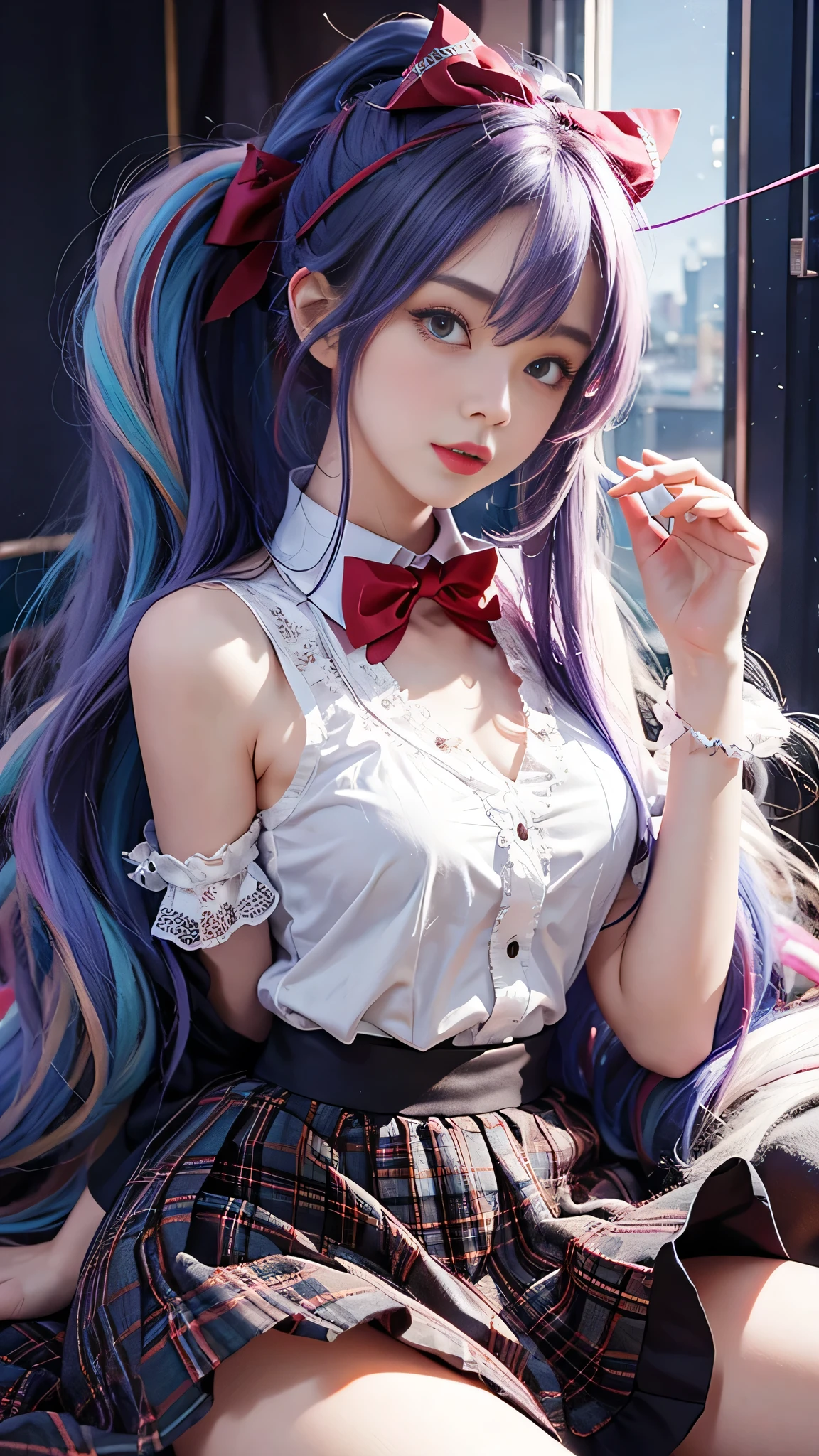 （(Girl lying on bed))、beauty、 one person&#39;s、alone、Long Hair、Audience、hair ornaments、、gem、Gray Hair、shut up、Blunt bangani cure、bracelet、lips、Grey Eyes、Portraiture、Red nails、close、赤いlips、Put your hands on your face、Put your hand on your cheek、()、(Glowing Skin)、((Outside the window, a skyscraper is hazy)),(Sleep with your legs slightly spread apart),((White panties are visible)),
Realistic, High resolution, Soft Light,1 Female, alone, (Detailed face),(Female student), jewelry，((Hair with blue mesh))、((TranslucentWet、White blouse、Loose red bow tie、Check skirt))、style，(Medium sized breasts), Long Hair、((ponytail))、((Lift-up skirt))、((mix４))、((Colorful colored hair)),((Underwear is visible)),((She&#39;s wet)),,(smile),