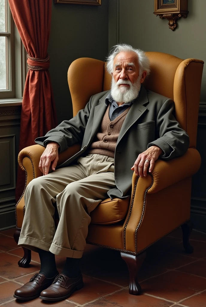 An oil painting of a old man sitting an arm chair