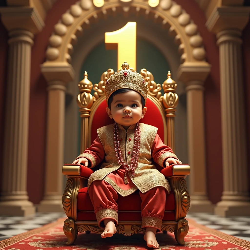 Realistic image of a 1 year old indian baby boy sitting on a grand throne, wearing royal outfits and ornaments, with a crown on his head, surreal and royal, royal palace golden bronze arch seen in the background, face should be very clear, a large size '1' is seen behind the throne, image should be ultra clear, hyper realistic, high quality 4k , very grandeur pathway, vibrant and lustrous