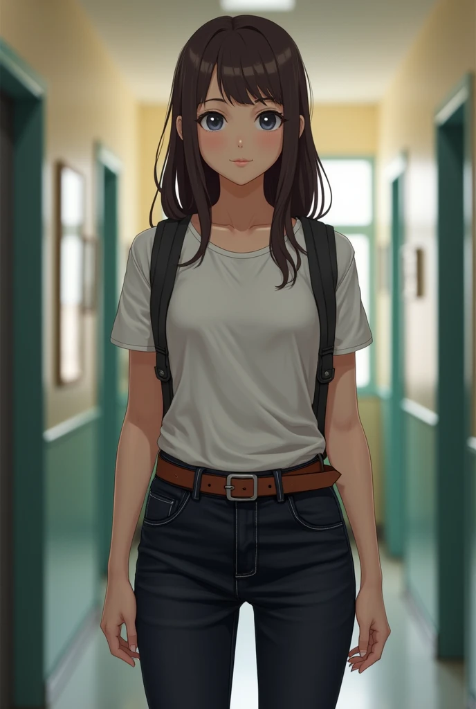 A girl of  at schoolwhering black jeans and belt on