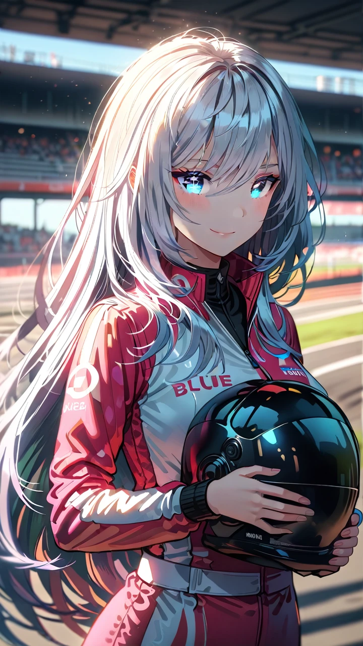 1girl, blue eyes, smile, split-color hair:1.3, long hair, pink racing suit , pale skin, holding helmet, truck, race track, sunshine, dramatic lighting, soft shadow, masterpiece, best quality, safe, SFW, very aesthetic, recent, absurdres, highres, lighting, glowing,