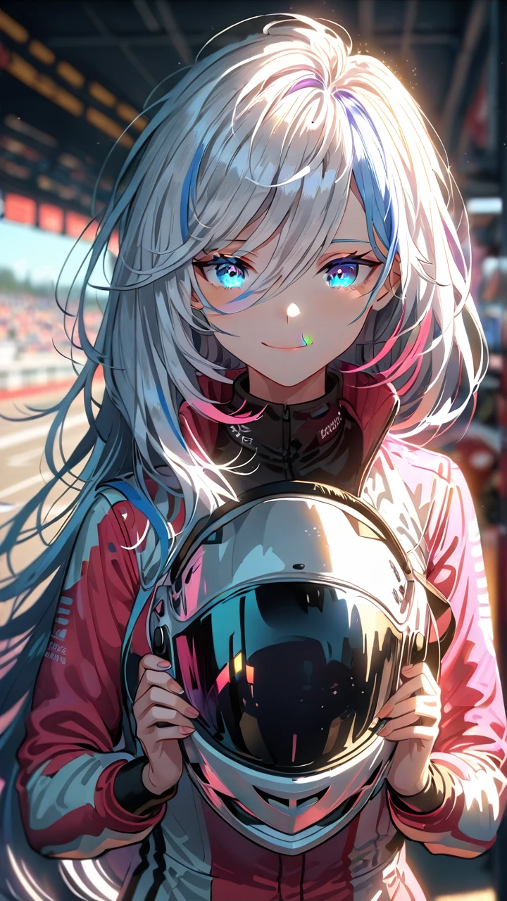 1girl, blue eyes, smile, split-color hair:1.3, long hair, pink racing suit , pale skin, holding helmet,  truck, race track, sunshine, dramatic lighting, soft shadow, masterpiece, best quality, safe, SFW, very aesthetic, recent, absurdres, highres, lighting, glowing,