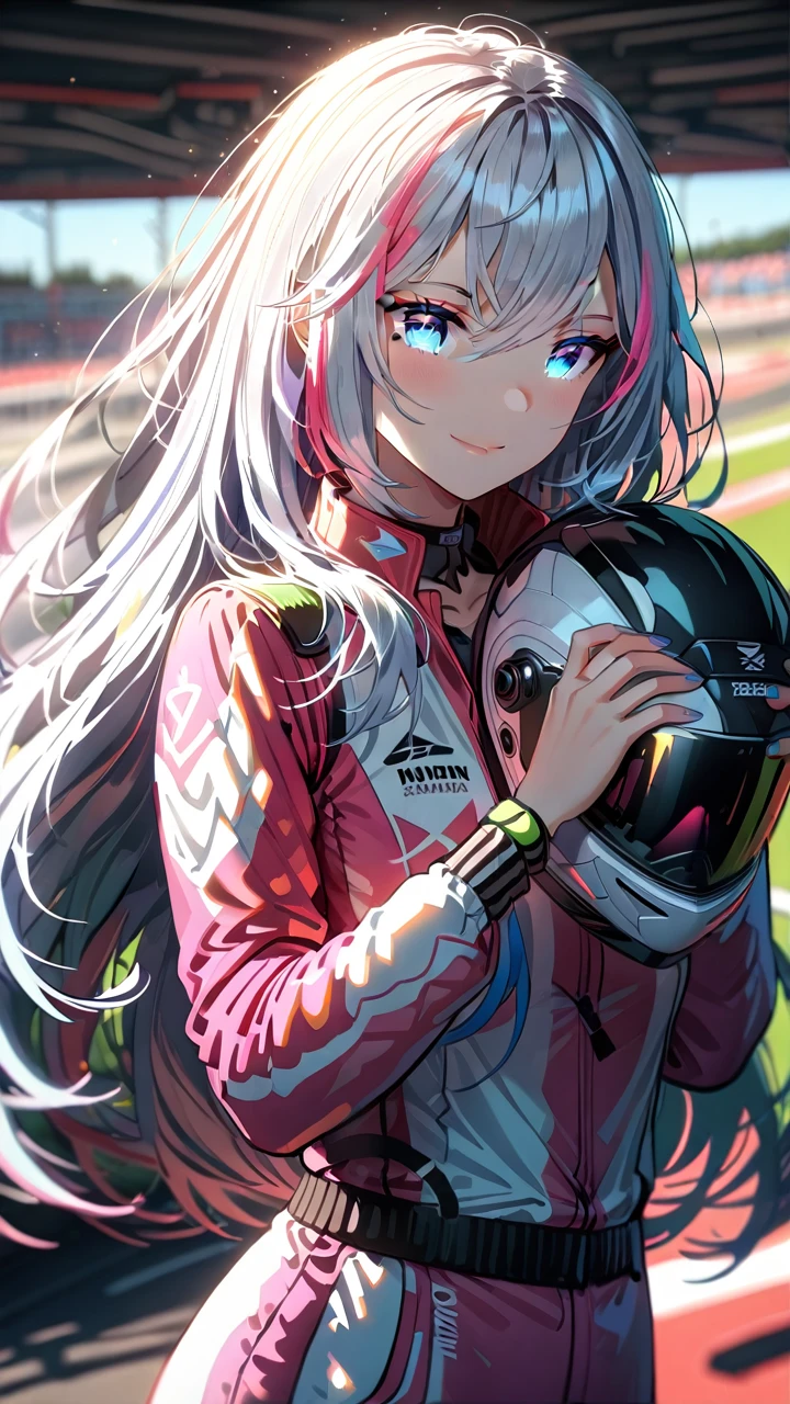 1girl, blue eyes, smile, split-color hair:1.3, long hair, pink racing suit , pale skin, holding helmet, truck, race track, sunshine, dramatic lighting, soft shadow, masterpiece, best quality, safe, SFW, very aesthetic, recent, absurdres, highres, lighting, glowing,