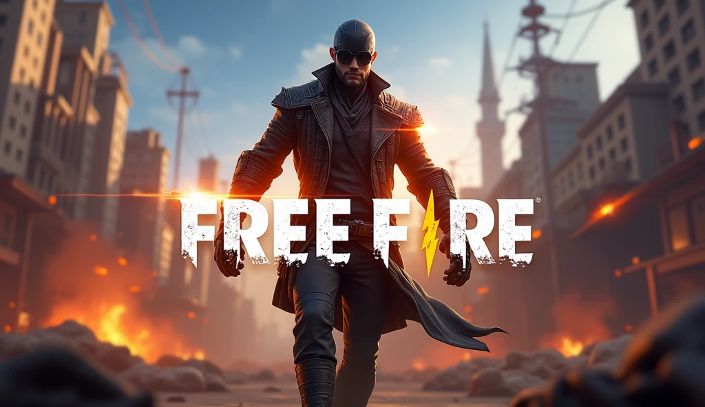 Cs rank bedes entery of  man character on 
 map , free fire game  background blur and big stylish text on free fire name lightning  and free fire gameplay