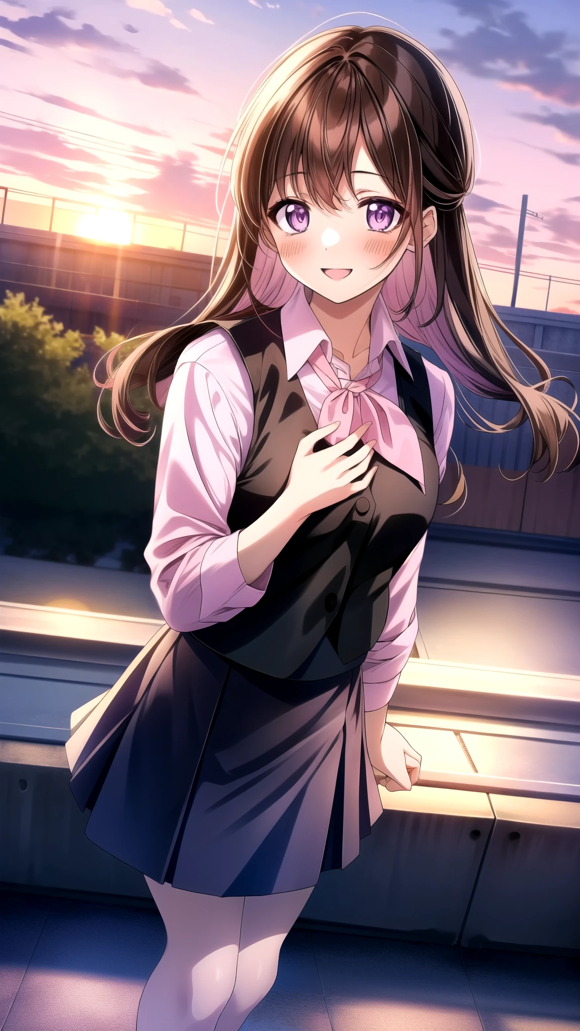 Anime illustration - Shino amagi OL, one person, Purple eyes, Black brown hair, collared shirt, shirt, skirt, blush, white shirt, neckerchief, black vest, black mini skirt, medium chest, checkered floor, pink ribbon, striped bow, ribbon, blush, Cute Smile Open your mouth, Are standing, high heels, (Winter Night、With the sunset and the fence behind、Receiving a confession on the school rooftop。I got closest to that smile:1.1), (Place your hands on your chest:1.3), Two Arms, (cinematic angle:1.1),
