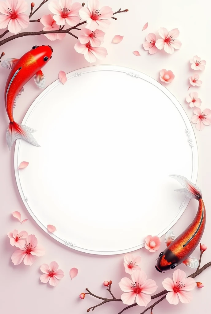 Generate a round label with a white background and around it contain cherry blossoms along with Japanese koi fish, the center must be blank