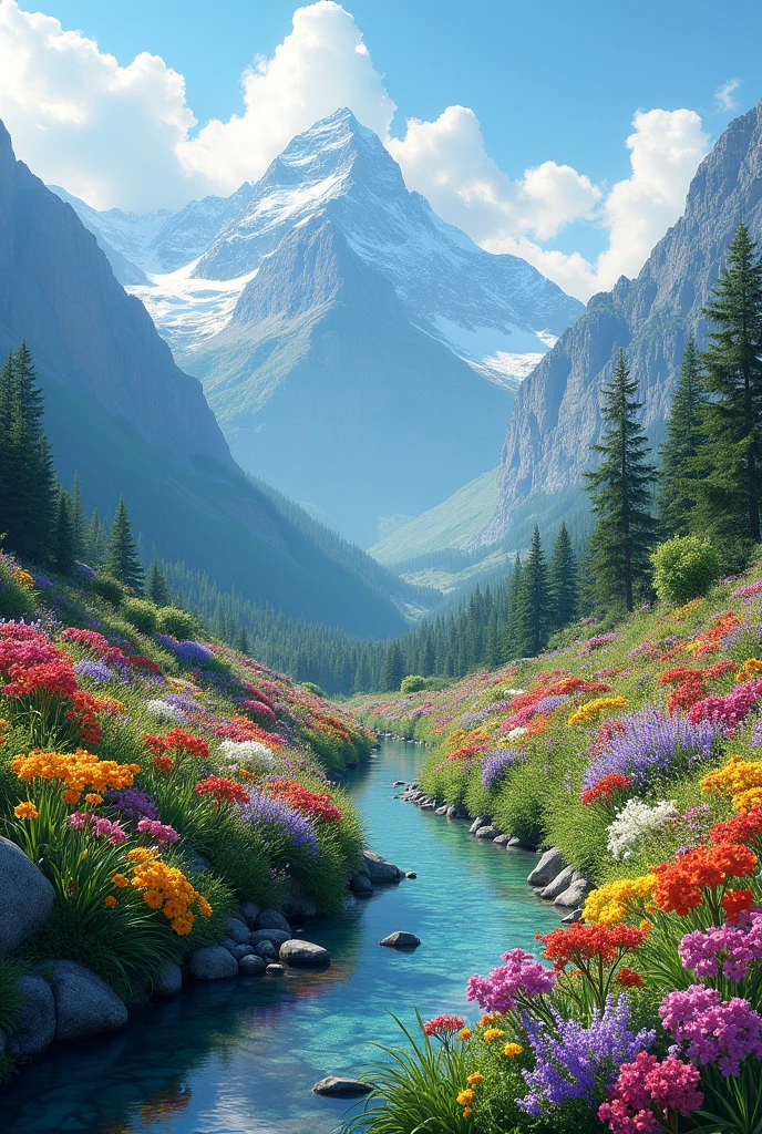 A flowery garden in a distant place high in the mountains