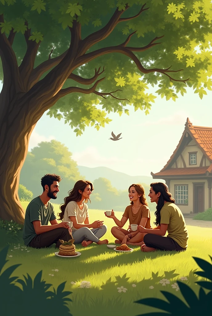 Four friends in the village under the tree 
Talking 
