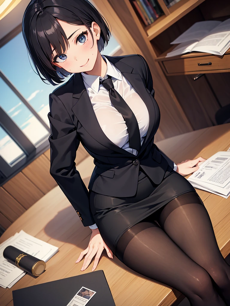 masterpiece, best quality, high definition images, atmospheric perspective, expressive eyes, perfect face, ultra detailed, solo, 1mature seductive woman alluring, lying back down on desk, sprawling, teasing smile, look ecstasy, sweaty, black short bob hair, female teacher, business suit, jacket, blouse, pencil skirt, tight mini skirt, lifting skirt, spread legs, black panties, curvy, thighs, pantyhose, high heals, from above, in study room,