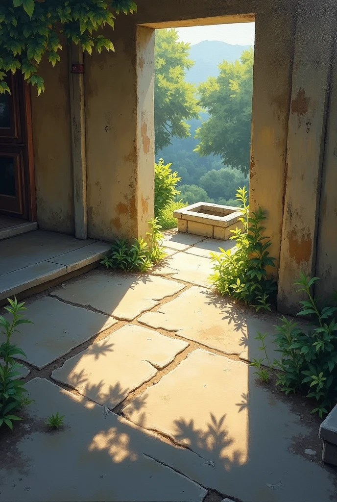 Draw a perspective painting: Request to draw shadows with the sun as the light source, Shadows fall on the ground