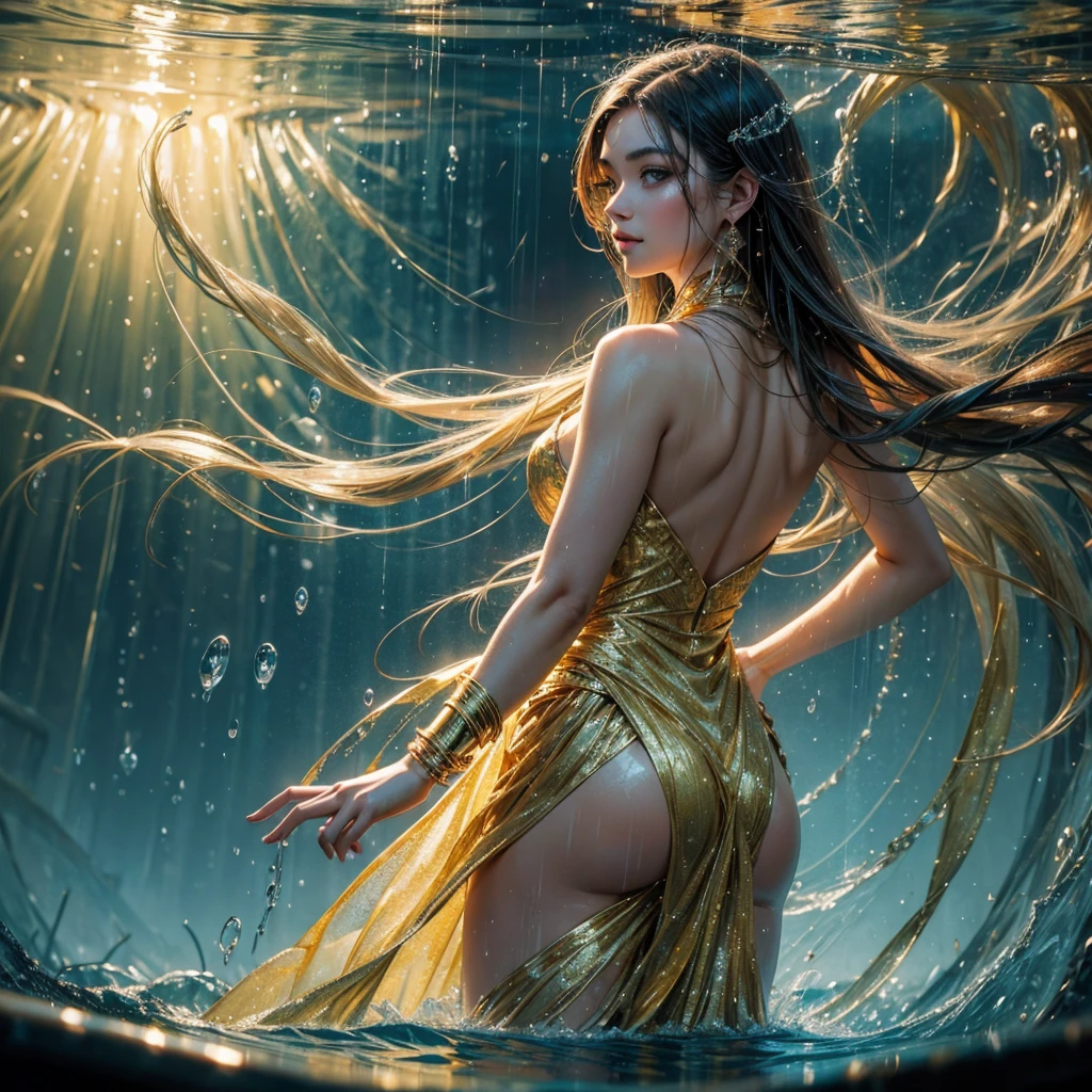 A gold goddess standing behind a rain-streaked glass, with the glass heavily distorted by water droplets and flowing streams, causing the features of the person to appear blurred and fragmented. Adding a layer of reflections from a pool, where the light dances across the glass surface, creating shimmering patterns and ripples of light that enhance the dreamy, abstract atmosphere. The background remains soft and gloomy, with muted colors blending into the scene, while the reflections introduce highlights,