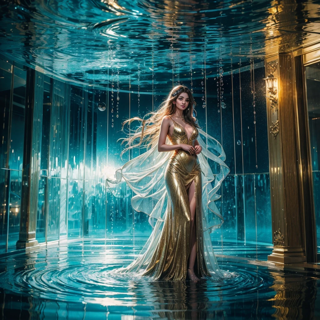 A gold goddess standing behind a rain-streaked glass, with the glass heavily distorted by water droplets and flowing streams, causing the features of the person to appear blurred and fragmented. Adding a layer of reflections from a pool, where the light dances across the glass surface, creating shimmering patterns and ripples of light that enhance the dreamy, abstract atmosphere. The background remains soft and gloomy, with muted colors blending into the scene, while the reflections introduce highlights,