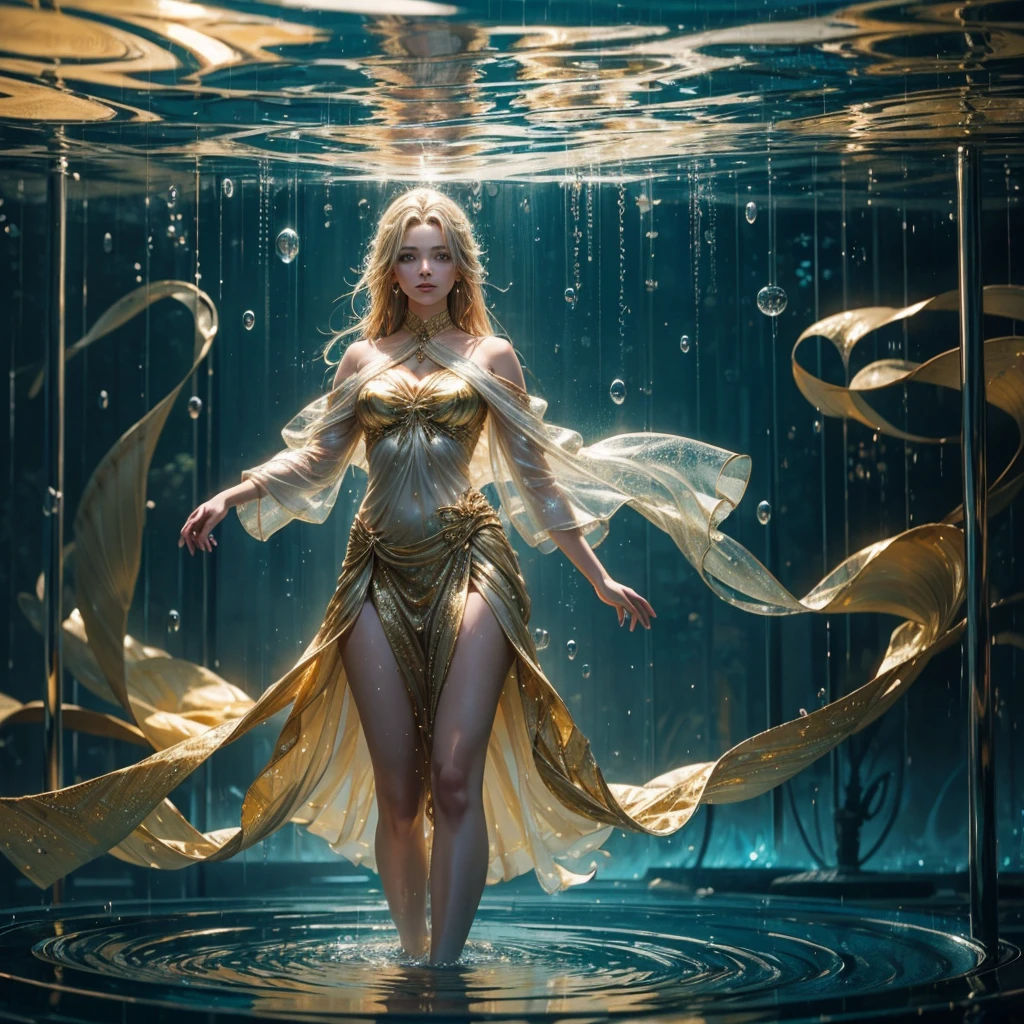 A gold goddess standing behind a rain-streaked glass, with the glass heavily distorted by water droplets and flowing streams, causing the features of the person to appear blurred and fragmented. Adding a layer of reflections from a pool, where the light dances across the glass surface, creating shimmering patterns and ripples of light that enhance the dreamy, abstract atmosphere. The background remains soft and gloomy, with muted colors blending into the scene, while the reflections introduce highlights,