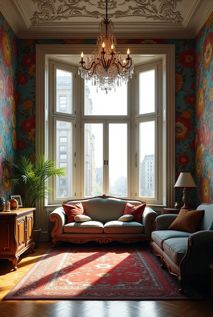Photo realiste d’un salon dans un appartement avec baie vitree a l’anglaise (bow window)
decoration ancienne et street art directement dur le mur et un lustre a pampille