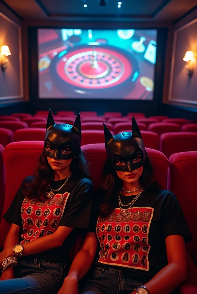 A personalized movie theater with medals, roulette frame, roulette course certificate on the wall and a projector projecting the roulette game in the center of the room ,  women without army vest t-shirt with roller print, diamond chains and Rolex on the wrist, Batman Mask, with the roller print and Batman masks 