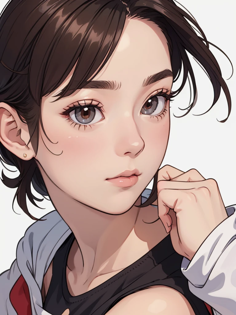 (((masterpiece, best quality, ultra highres, 1 girl, solo, no background))), super detailed skin and face and eyes and finger, beautiful japanese woman, small breasts:1.5, skinny, light brown hair, very short mush hair, cowboy shot, white background, 2D anime, boyish, expressionless, Various clothes, Various poses, Please draw the entire character within the frame, ensuring that the head, arms and legs are not cut off, with the character positioned centrally, female genitals visible through tight clothing, nipple dot,