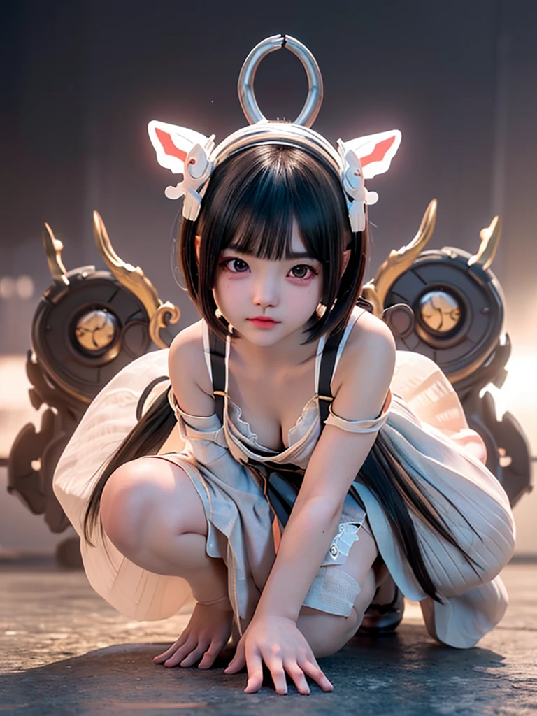 {(japanese young girl)}, (She is fused with futuristic Gundam mecha:1.1), white theme, with headgear, with v-fin , ((unarmored cleavage)), ((unarmored stomach)), ((unarmored upper arms)), ((unarmored face)), (unarmored hands), (unarmored waist), ((unarmored thighs)), (unarmored ankles), japanese girl wear white micro bikini, crawl on all fours:1.3, open legs:1.3 full body:1.5, ,destroyed city background, multilayer textureperfect proportions, octane rendering, duotone lighting, Low ISO, wide aperture, White balance, Rule of thirds, ultra HD16k, HDR (High Dynamic Range), Ray Tracing, nvidia RTX, Super Resolution, Subsurface Scattering, PBR Texturing, Post Processing, Anisotropic Filtering, Depth of Field, Maximum Clarity and Clarity, High efficiency subpixel, subpixel convolution, particles of light, light scattered, Tyndall effect, full body:1.5, doggy style, cute, (cute:1.2), (bob cut:1.3),Braid, Black Hair, Thick eyebrows, Light-colored irises, Big, bright black eyes, Long eyelashes, Small, light-colored, natural lips, (Average face of Japanese idols), (The uniquely Japanese childlike face:1.3), (baby face), Wide forehead:1.2, Plump Cheeks, Small jaw, visible side boob, (attached huge weapon on back),looking at viewer,Focus on the eyes,with sleek and menacing design, (Four perfect fingers, One thumb),