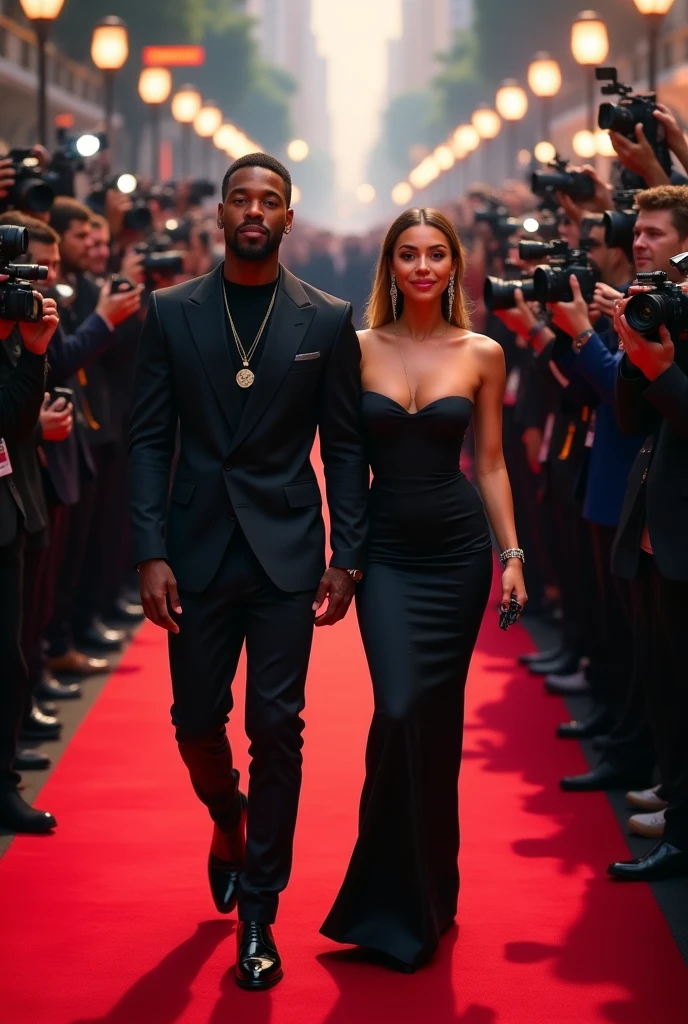 Light skinned rapper walking the red carpet with 1000 paparazzi around him and his hot girlfriend 