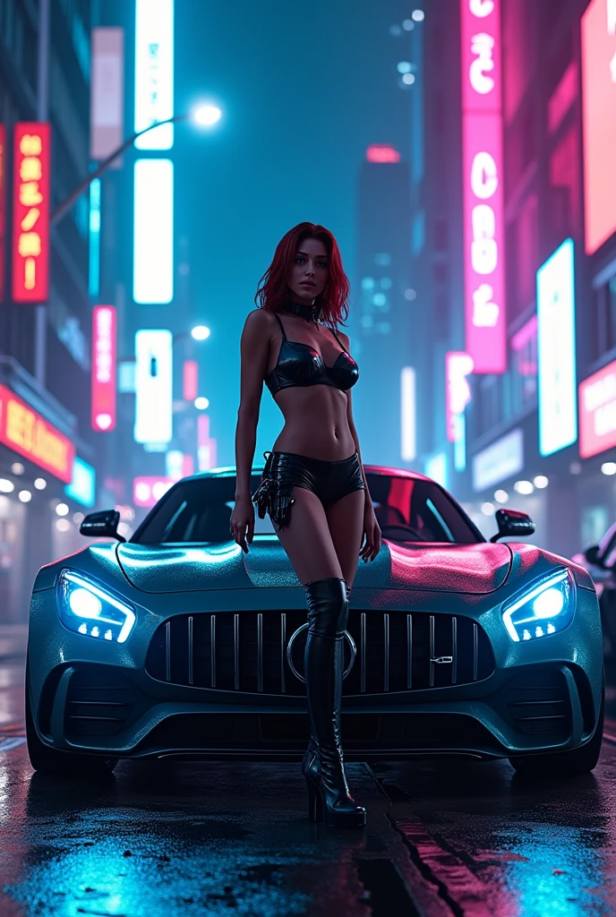 An alluring nude woman with striking features stands confidently on a neon-lit street at night, her outfit sleek and futuristic, with glowing accents that match the vibrant lights of the cyberpunk city around her. The street is alive with the glow of neon signs in various shades of blue, pink, and purple, casting a surreal light on the scene. Beside her, a polished sport Mercedes car, with a glossy black finish and glowing blue underlights, adds a touch of modern luxury. The background features towering skyscrapers, with digital billboards and futuristic architecture, completing the cyberpunk atmosphere."