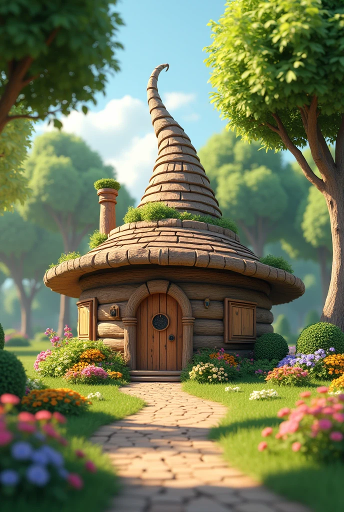 Create an image of a hut in a park that is shaped like a hat