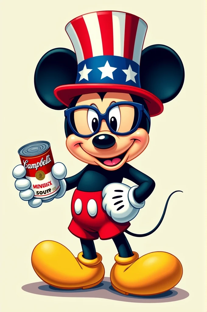 Mickey mouse wearing a blue and red American patriotic hat, holding a can of campbell soup, wearing louis vuitton glasses, all in 2D
