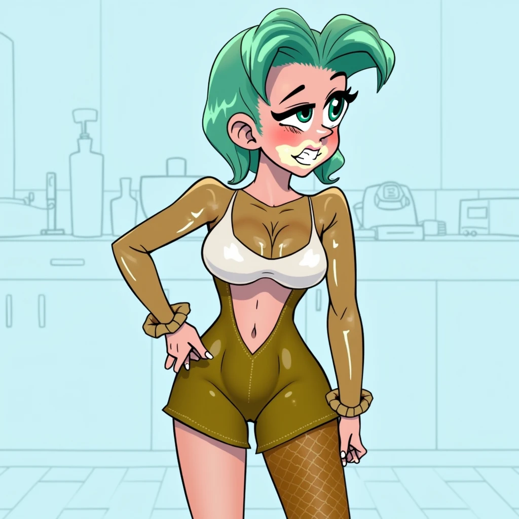 big breasts, 3D rendering, in swimsuits in the kitchen in fishnet tights kneeling with mayonnaise on her face