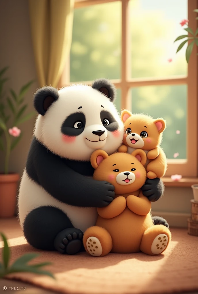 one panda one teddy bear one little cat with each other friends goal
