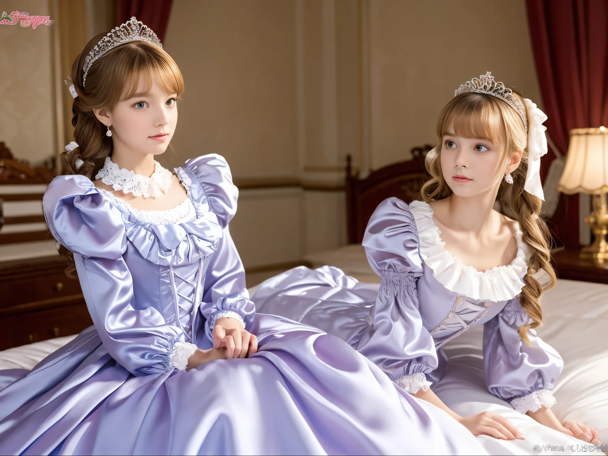 ,highest quality, masterpiece, highest resolution, artwork, super それにget used to it, many get used to it, get used to it, それにget used to it, 3k realistic pictures,,((10 year old little girls)),Ultra-detailed juvenile face,three are princesses,full length ball gown dress with hoop skirt,ruffled yoke collar,puff sleeves,long sleeve,((Lolita style detailed princess satin dress with lots of ruffles and ribbons)),Rococo style lolita fashion,shiny satin dress,Soft and smooth fabric,luxury,long blonde hair,blue eyes,white skin european,Pajama,((in the bedroom)),luxury princess canopy frilled bed,super detailed bed,lying on the bed,High-quality background,