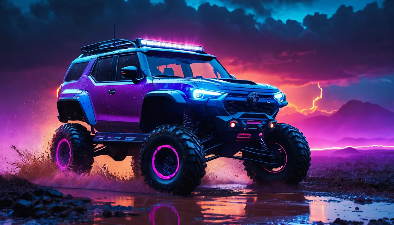 Digital artwork featuring a rugged off-road vehicle driving at high speed on a wet, reflective surface. The vehicle is equipped with large, knobby tires, a reinforced bumper, and a roof-mounted light bar emitting bright blue light. The headlights are square and emit a vivid orange glow. The scene is set against a dramatic, neon-lit background with vibrant pink and purple hues, creating a futuristic and intense atmosphere. The sky is filled with dark, ominous clouds, adding to the sense of motion and excitement. The overall style is highly detailed and dynamic, with a strong emphasis on lighting and reflections.