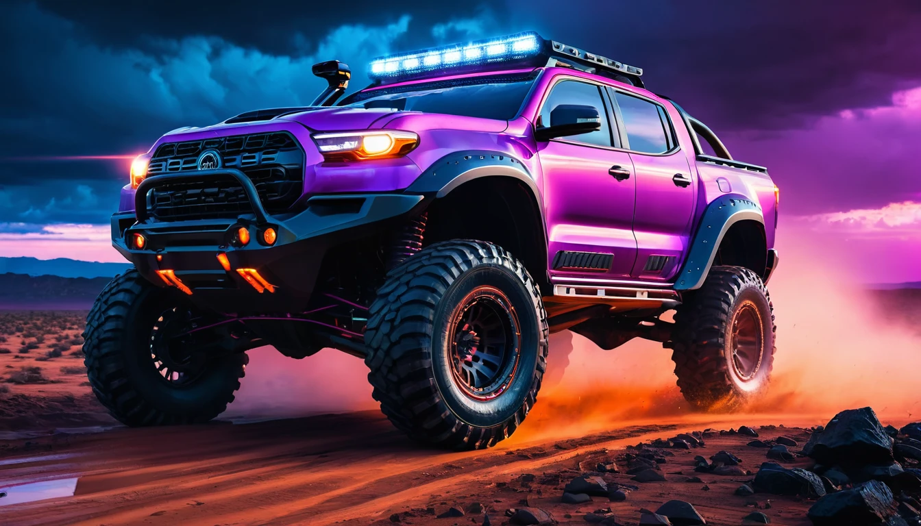 Digital artwork featuring a rugged off-road vehicle driving at high speed on a wet, reflective surface. The vehicle is equipped with large, knobby tires, a reinforced bumper, and a roof-mounted light bar emitting bright blue light. The headlights are square and emit a vivid orange glow. The scene is set against a dramatic, neon-lit background with vibrant pink and purple hues, creating a futuristic and intense atmosphere. The sky is filled with dark, ominous clouds, adding to the sense of motion and excitement. The overall style is highly detailed and dynamic, with a strong emphasis on lighting and reflections.