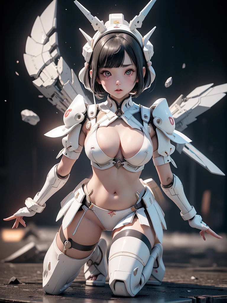 {(japanese young girl)}, (She is fused with futuristic Gundam mecha:1.1), white theme, with headgear, with v-fin , ((unarmored cleavage)), ((unarmored stomach)), ((unarmored upper arms)), ((unarmored face)), (unarmored hands), (unarmored waist), ((unarmored thighs)), (unarmored ankles), japanese girl wear white micro bikini, crawl on all fours:1.3, open legs:1.3   full body:1.5, ,destroyed city background, multilayer textureperfect proportions, octane rendering, duotone lighting, Low ISO, wide aperture, White balance, Rule of thirds, ultra HD16k, HDR (High Dynamic Range), Ray Tracing, nvidia RTX, Super Resolution, Subsurface Scattering, PBR Texturing, Post Processing, Anisotropic Filtering, Depth of Field, Maximum Clarity and Clarity, High efficiency subpixel, subpixel convolution, particles of light, light scattered, Tyndall effect, full body:1.5, doggy style, cute, (cute:1.2), (bob cut:1.3),Braid, Black Hair, Thick eyebrows, Light-colored irises, Big, bright black eyes, Long eyelashes, Small, light-colored, natural lips, (Average face of Japanese idols), (The uniquely Japanese like face:1.3), (baby de forehead:1.2, Plump Cheeks, Small jaw, visible side boob, (attached huge weapon on back),looking at viewer,Focus on the eyes,with sleek and menacing design, (Four perfect fingers, One thumb),