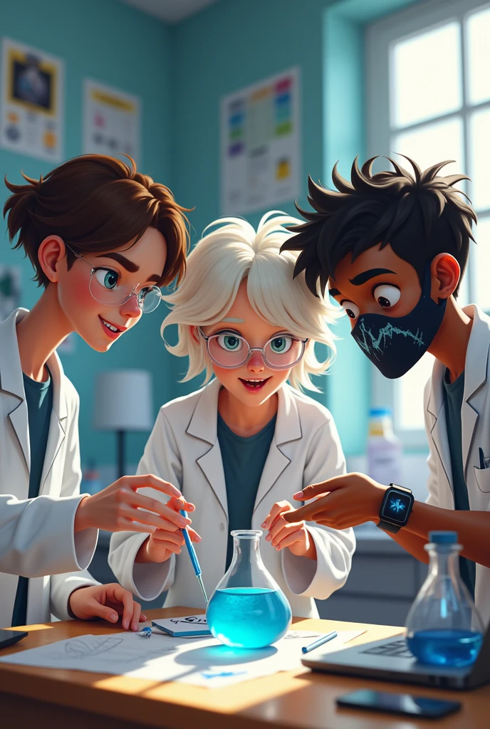 CREATE AN IMAGE OF 3 STUDENTS STUDYING BIOLOGY BY DOING EXPERIMENTS, OF THE 3 STUDENTS ONE IS A GIRL AND TWO ARE BOYS, WHITE GIRL WITH CURLY HAIR AND SHORT NAILS, AND ONE OF THE BOYS IS WHITE WITH SOME LITTLE SHORT HAIR AND HOLDS A GLASS STICK AND HAS A VENUM MASK, THE OTHER BOY HAS BROWN SKIN AND HAS AN APPLE WATCH ON HIS LEFT HAND AND A COMPUTER ON HIS SCHOOL DESK 