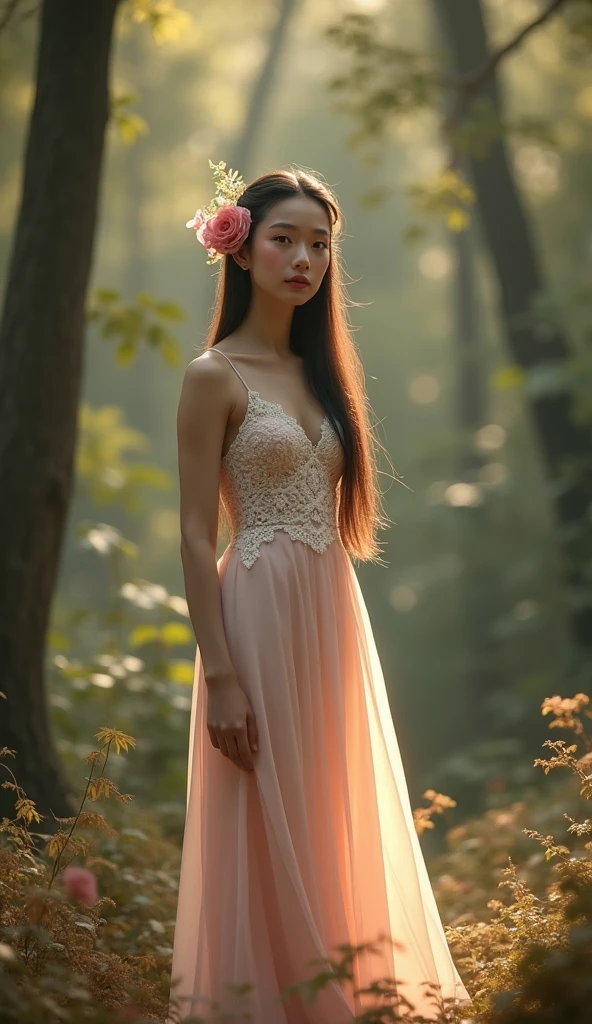 Picture of a beautiful ancient Thai woman with long straight hair and an oval face, standing in the forest amidst soft sunlight shining through the trees. Wearing a long light-colored dress decorated with white lace, she has a sweet, pretty face, bright eyes, and a pink flower adorning her hair. Her makeup is in light pink tones. The background is a brown-green forest, with a shady and cool atmosphere. The sunlight shines down softly, creating soft shadows.