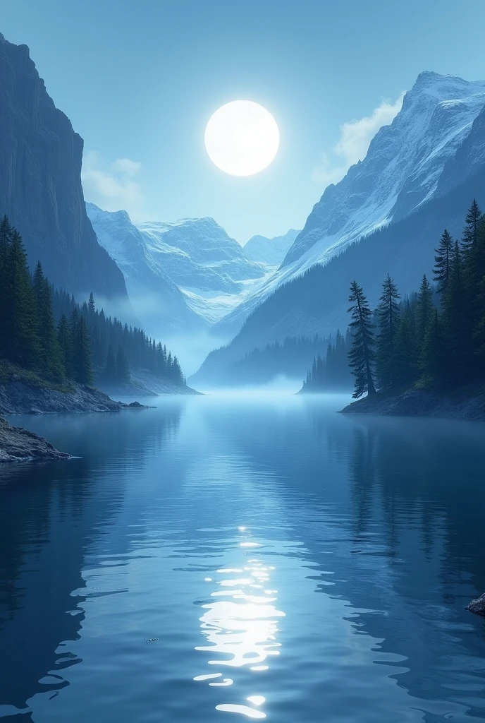 Small lake on the mountainside with a white appearance reflecting the Moon.