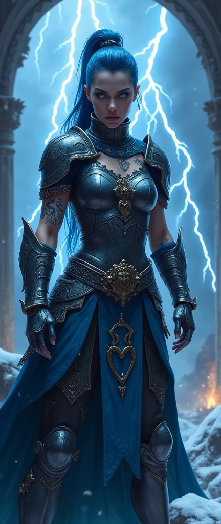 Aletta Ocean, angry evil beautiful and muscular, Nordic female, towering storm Giantess with blue black hair in a ponytail, older and mature woman, throwing a lightning ball, celtic glowing tattoos, wearing nordic steel runic plate mail Armour , temple cave background with lightning storm, glowing blue eyes, square jaw, powerful and imposing, winter clothing, pale blue purple skin, ((full plate celtic dragon armour)), nordic tattoos, fit bodybuilder, facing the camera , ultra detailed