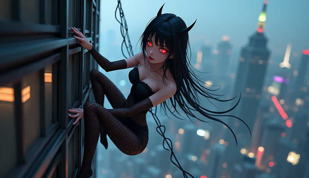 A full-length anime-style illustration of a half-spider demon girl with red eyes climbing a building, wearing a black tube top, and straight long black hair with bangs. The background is Tokyo.